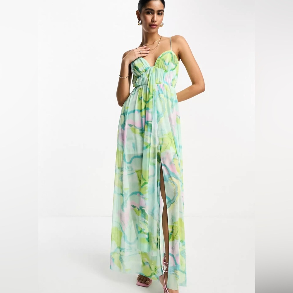 ASOS DESIGN cami mesh maxi dress with sash in blue smudge floral print
